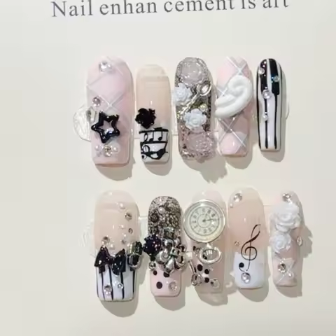 Musical Notes Retro Vintage Gyaru French Handmade Press On Nails 3D Rose Bow Pearl Pink Fake Nails Y