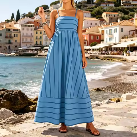 Women's Back Smocked Maxi Dress Cut Out Flowy Swing Long Dress