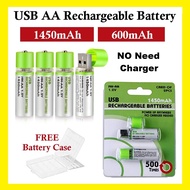 Original AA USB Rechargeable Battery NI-MH 1.2V 1450mAh 600mAh (2 Cells per Pack) No Need Charger / 