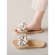 kasut selipar perempuan selipar perempuan french styleBow Flat Fashion Beach Slippers