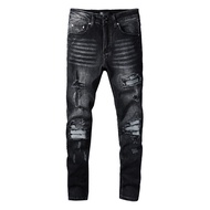 AMIRIˉ Fashion Street Denim กางเกงขายาวลำลอง Micro Bullet Ripped Patch Youth Black Skinny Jeans
