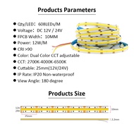 COB CCT LED Strips 24V DC12V 608LEDs FCOB LED Light Dimmable Dual Color 10MM PCB 1M 3M 5M High Densi