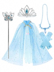 1套兒童藍色高跟鞋項鍊和斗篷組合,配有可愛的公主蝴蝶結手套,一根裝飾有鑽石的蝴蝶仙女棒,以及星月斗篷派對照片道具
