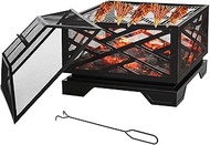 26" 2 in 1 Square Fire Pit BBQ Grill with Shelf &amp; Spark Screen Cover &amp; Poker, Charcoal Barbeque, Smoke Grill Outdoor Garden Table Stove Patio Heater