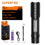SUPERFIRE F3-T 15W ไฟสูง LED ไฟฉายซูมซูมซูม Type-C Torch แบบชาร์จไฟได้ 18650 ไฟตกปลาแบตเตอรี่