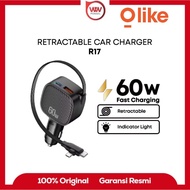 Olike R17 Car Charger R17 60W Built in Retractable Cable Lightning & Type C and 2 Port USB+ Type C S