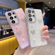 IMD Laser Pattern Phone Case For Samsung 24 25 FE Plus Ultra Fashion Pearl Bow Diamonds Protection C