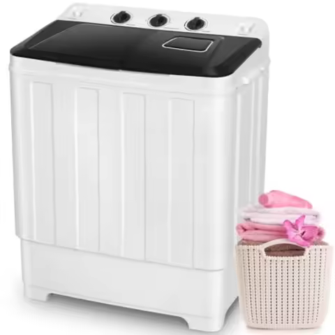 30Lbs Capacity Portable Twin Tub Compact Laundry Machine with Built-in Drain Pump Washer and Spin Dr