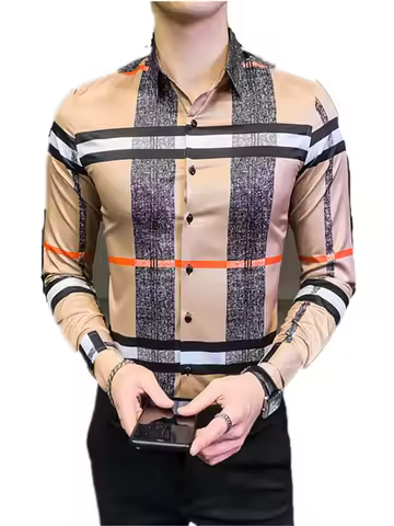 6XL 2025 Mens Vintage Print Long Sleeve Shirt New Fashion Hawaiian Slim Fit Striped Shirts Casual Pl