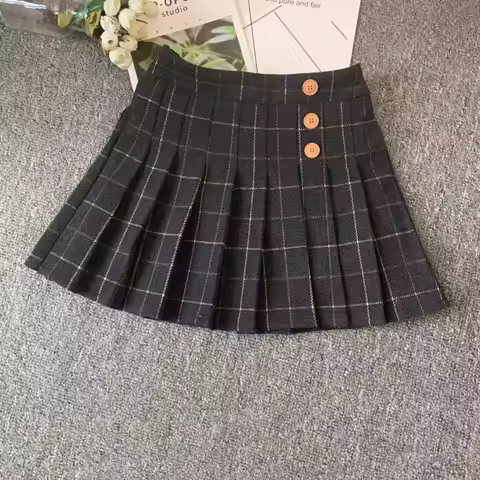 2025 Autumn Winter Girls' Checkered Pleated Skirt Stylish Versatile Mid Length Kids' Skirt
