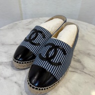 (小腳請進）Chanel 藍白條紋帆布拼黑牛皮草編鞋G29762