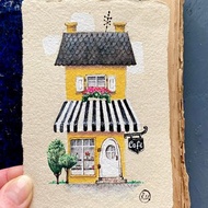 Cozy cafe painting Original art Mini artwork on recycled paper Rubinova