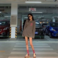 Korea spring CH dark flower T-shirt women's long-sleeved BF wind printing loose mid-length wild bott