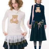 ziziFei''舊夢絨熊''秋冬polo斜領小熊圖案修身上衣針織打底衫女