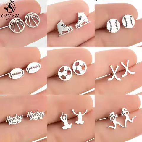 Classic Baseball Earings Fashion Jewelry Tiny Stainless Steel Volleyball Football Hockey Sports Stud