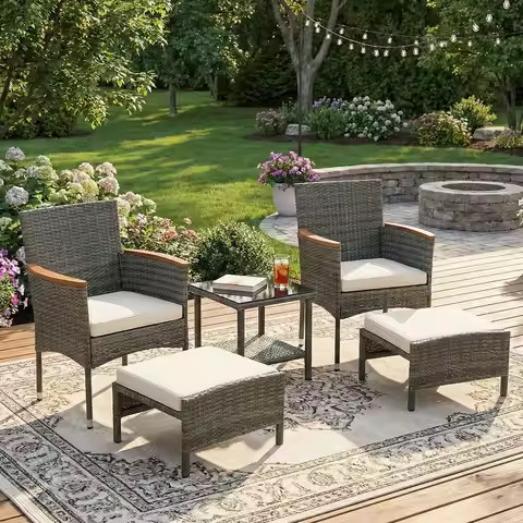 Gray Wicker 5-Piece Patio Furniture Set with Table and Ottomans
