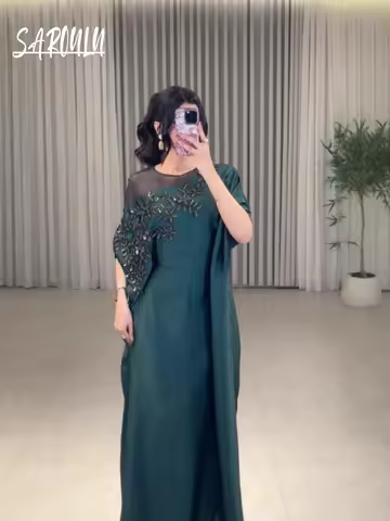 Charming Muslim O Neck Evening Dress Classy Embroidery Kaftan Straight Hot Sale Women Prom Gown Gorg