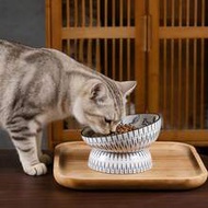 Chinese Style Blue Ceramic Cat Bowl - High-Rim Wide-Base Design Prevents Cat Acne, Slanted Rim Desig