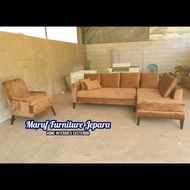 Sofa Tamu Sudut L Minimalis + Sofa Single Bludru Orange (Furniture)