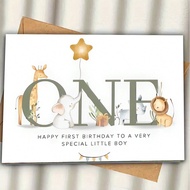 1pc Creative 1st Birthday Card With Giraffe, Elephant, Lion And Balloon Design, High Quality Paper F