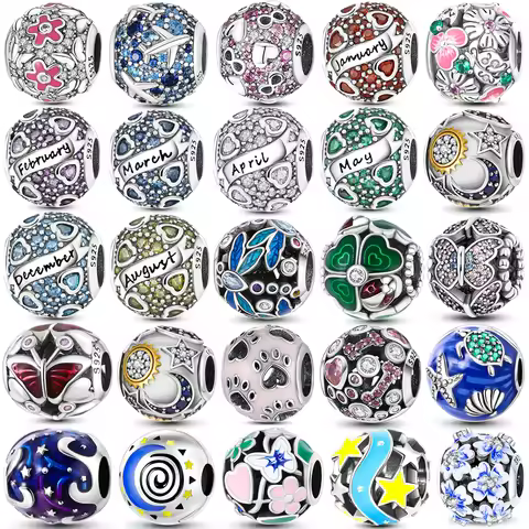 925 Sterling Silver Colorful Round Inlaid Zircon Charms Beads Pendant Fit Original Bangle Bracelet 9
