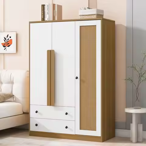 Armoire Wardrobe Closet with 2 Drawers and 3 Doors, Bedroom Armoire Wardrobe Cabinet with Hanging Ro
