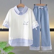 Sales Over 10,000 Girls Summer Suit Short-Sleeved Shirt Collar Fake Two-Piece Clothes Medium Large C