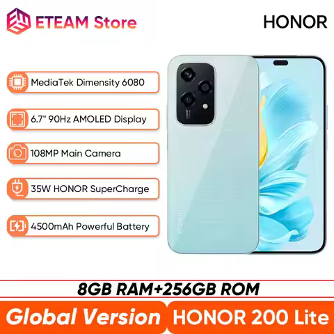 2024 Global Version HONOR 200 Lite 256GB ROM 5G Smartphone 200Lite Dimensity 6080 6.7'' 90Hz AMOLED 