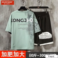 精品男裝 純棉短袖T恤套裝男 夏季新款胖子寬鬆五分運動褲兩件套加肥加大碼 TZ220白衣黑褲 兩件套 L 建議100-120斤