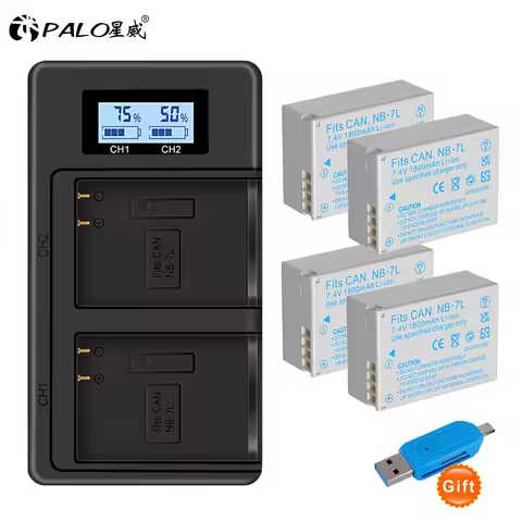 PALO 1800mAh NB-7L NB 7L NB7L Battery + LCD Dual Charger USB Type C Port for Canon PowerShot G10 G11