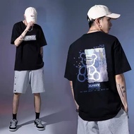 T-shirt Lengan Pendek dengan Pencetakan Dua Sisi Elemen Kartun Gelap dan Trend Jalanan, 100% Kapas, 