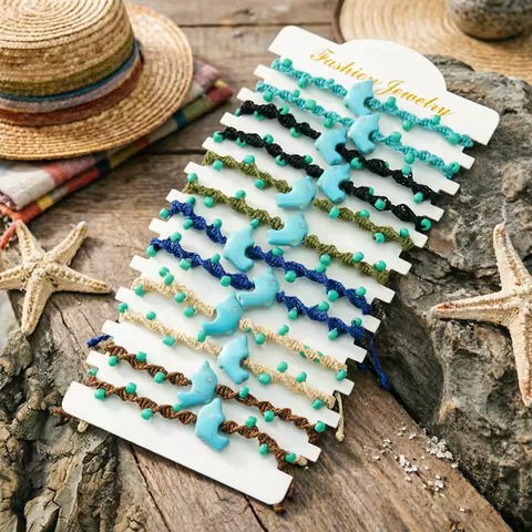 Wholesale 12Pcs/Dozen Dolphin Braided Bracelet Unisex Apparel Accessories Sliding Adjustable Braslet