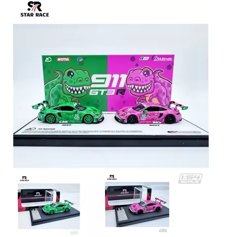 SR Limited rare 1:64 STAR RACE 911 GT3 Tyrannosaurus Green/Pink paint alloy car model set,Safe packa