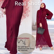 Muslimah Moden Pleated Ironless Jubah Long Dress Abaya Pleated Jubah Muslimah Dress Lace Premium Baj