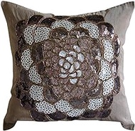 The HomeCentric Brown Shams, Sequins and Beaded Flower Medallion Cushion Shams, Pack of 2, 60x60 cmCushion Sham, Square Silk Shams, Floral Pillowcases, Modern Pillow Shams - Brown Wildflower