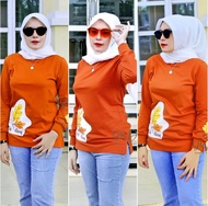 Kaos Wanita Atasan Wanita Kaos Lengan Panjang Wanita Six Diary WARNA BATA Motif Daun Merah BATA// SI