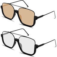 GUVIVI Retro Oversized Pilot Sunglasses, Men's Square Double Bridge Pilot Sunglasses, 70s Fashion Su