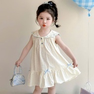 Baby Dress Shop_Soft cotton A-line summer princess dress with blue bow and cute embroidered collar, 