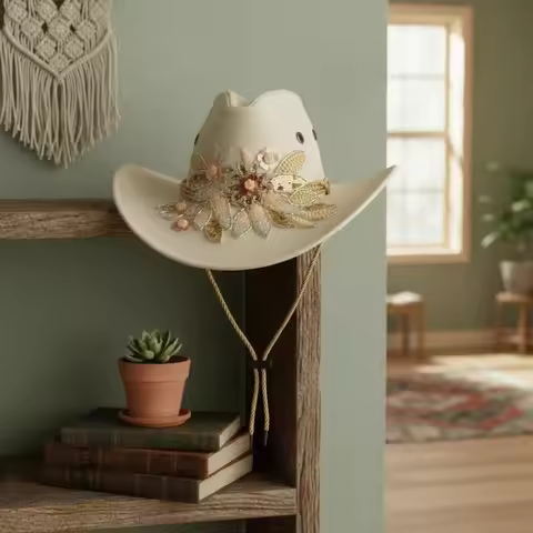Wide Brim Western Cowboy Cap Embroidered Sequins Cowgirls Visor Cap Lightweight Woolen Tibetan Hat H