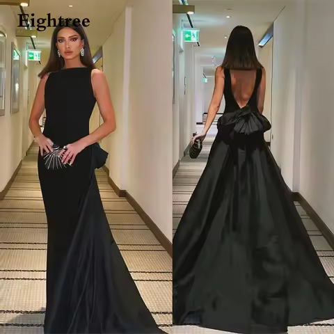 Eightree Black Backless Bow Prom Dress A Line Long Train Dubai Evening Night Party Dresses Vestidos 