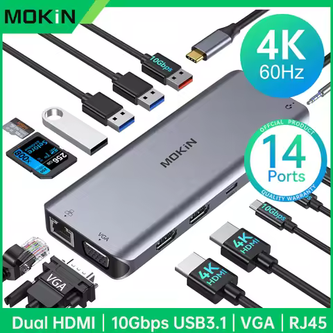 MOKiN USB C HUB 4K 60Hz Type C to HDMI DP VGA Gigabit Ethernet USB 3.1 PD 100W Adapter For Macbook A
