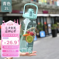 希乐大容量水杯男女学生带吸管运动便携网红tritan塑料杯子2L青色