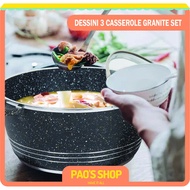 PAO’S SHOP DESSINI 3 CASSEROLE GRANITE SET CLASSIC GRANITE COOKWARE POT SET WITH GLASS LIDBLACK COLO