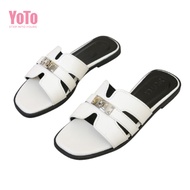 YOTO New Metal Buckle Flat Slippers Senior Square Head Leather Sandals For Women Sandals Women