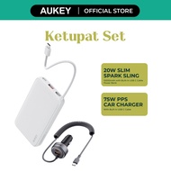 [Raya Ketupat Set]Aukey CC-P2 75W Fast Charging Car Charger Built In USB C Cable + PB-Y53P 20W 10000