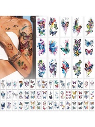 79張蝴蝶圖案暫時性紋身貼紙,逼真多彩的袖套紋身貼紙,防水耐用的臨時性紋身貼紙,適用於臉部、手臂、腿部和身體