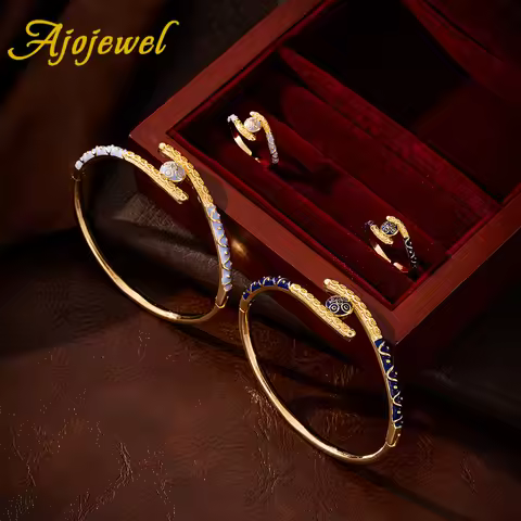 Ajojewel Golden Dubai Bride Jewelry Set Blue Enamel Bangle Ring Adjustable Bangles For Woman