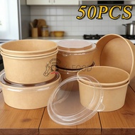 50PCS Paper Salad Round Bowl Disposable Round Kraft Paper Salad Bowl 500/750/1000/1300ml