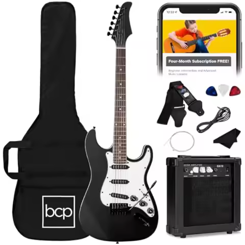 39in Full Size Beginner Electric Guitar Starter Kit w/Case Strap 10W Amp Strings Pick Tremolo Bar - 