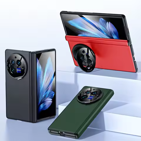 For Vivo X Fold 3 Pro Lichee Real Leather Case With Stand,Real Leather Case Build-in Tempered Glass 